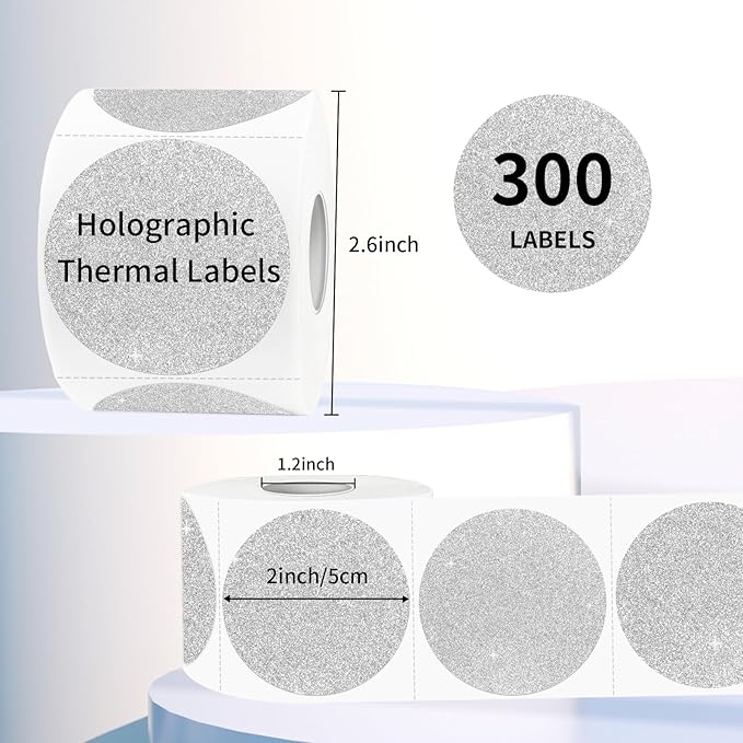STARLIBOO 2 Inch Holographic Thermal Labels, Circle Direct Thermal Labels Stickers, Self-Adhesive Round Thermal Printer Labels for DIY Logo Design (Holographic Shiny Silver)