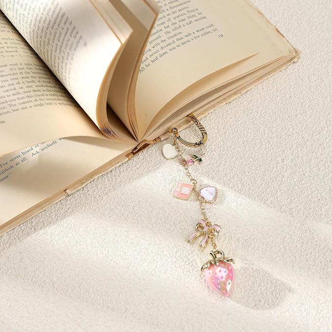 Cute Metal Bookmark Gifts - Gold Aesthetic Strawberry Bookmarks for Women Book Lovers Pink Bow Flower Charm Pandent Page Marks School Reading Accessories Bookish Birthday Graduation Gift