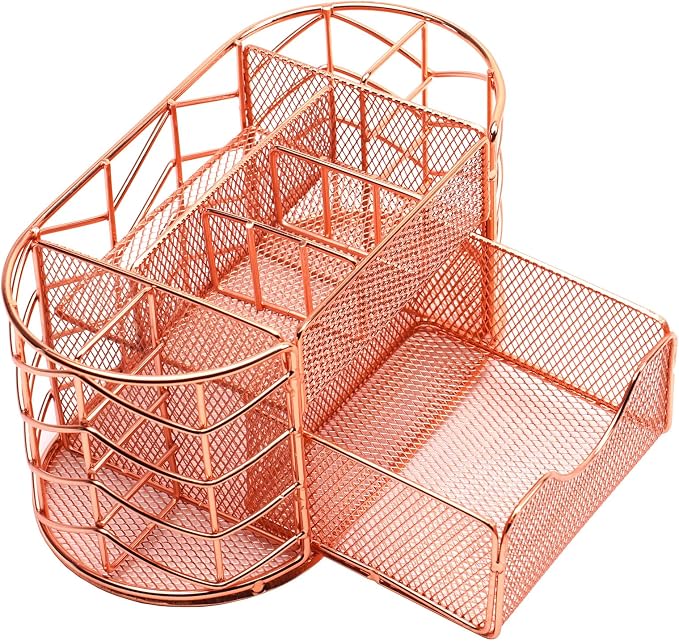 Desk Organizer, Pen Holder for Desk, Metal Pencil Caddy Storage for Desktop Office Supplies (Rose Gold)
