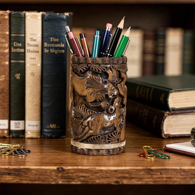 Craft Trade Premium Handcrafted Wooden Desk Organizer - Hand Carved Pen & Pencil Holder for Study Table - Natural Wood Stationery Storage Box, Elegant Office Desk Accessory