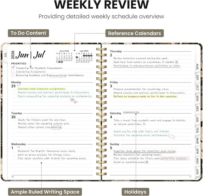 Planner 2026–2027, Academic Planner Weekly and Monthly Calendar Jul 2026 – Jun 2027 Hardcover Planner with Tabs and Pocket, Spiral Bound Agenda Book for Student & Teacher, 6.3" x 8.5", Wild Rose