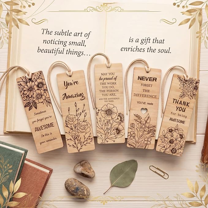 Resurhang 100 Pcs End of Year Classroom Gifts Bulk Wood Inspirational Bookmarks with Floral Encouraging Team Thank You Gift for Women Employee Coworker Paraprofessional Colleagues Teachers