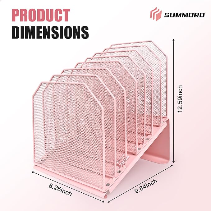 SUMMORO Inclined File Organizer for Desk, 7-Tier Vertical File Folder Holder Office Desk Organizer Metal Rack File Wire Mesh Desktop Document Sorter for Office School Classroom Home (Pink)