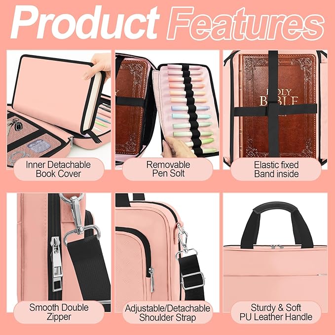 Pink Large Bible Cover Case for Women, Bible Study Supplies Bible Journaling Kit Book Carrying Case Church Bag with Shoulder Strap Handle Zipper Pocket, Christian Gifts