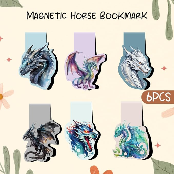 Dragon Magnetic Bookmarks Gifts - 6 Pcs Magnets Bookmark Aesthetic Fantasy Art MarkPage Clips Cool Animal Bookmarks for Kids Students Women Teacher Reading Party Office Accessories Gift