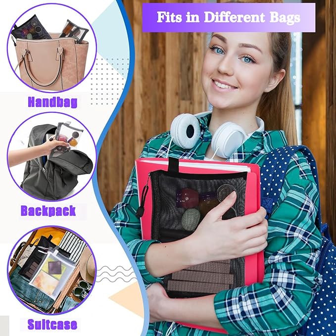 15-Piece Nylon Mesh Zipper Pouch Set - Black Makeup Bags, Cosmetic Pouches, Travel Bags (9.5 x 7.5 Inch)