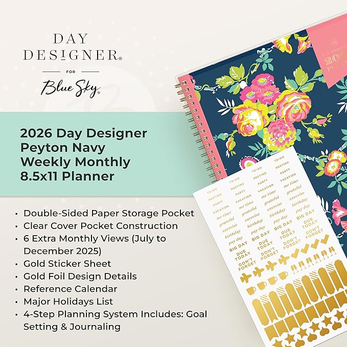Blue Sky Day Designer 2026 Weekly and Monthly Planner Calendar, January 2026 - December 2026, 8.5" x 11", Clear Pocket Cover, Durable Twin Wire Binding, Includes Storage Pocket, Stickers, Peyton Navy