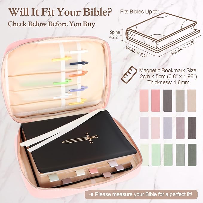 Durable and Protective Bible Cover Case for Women,Portable Bible Carrier Organizer Bag with Zipper,Christian Gift for Women,Includes 15 Magnetic Bookmarks,Great for Church,Travel or Daily Use, Pink