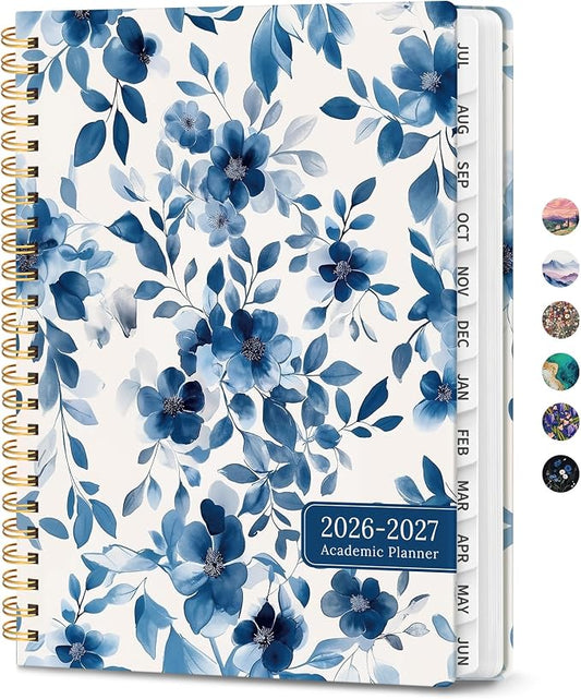 Planner 2026–2027, Academic Planner Weekly and Monthly Calendar Jul 2026 – Jun 2027 Hardcover Planner with Tabs and Pocket, Spiral Bound Agenda Book for Student & Teacher, 6.3" x 8.5", Watercolor Blue Floral