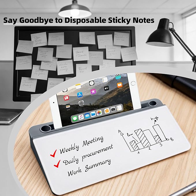 Desktop Whiteboard, Glass Dry Erase Board, Desk Board Buddy,Computer Keyboard Stand,Desk Whiteboard Organizer for Home,Office,School Supplies (Grey)