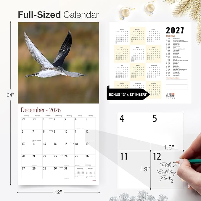 RED EMBER Loons 2026 Wall Calendar 12 Month | 12" x 24" Open | Thick & Sturdy Paper | Giftable | Bird Calendar 2026