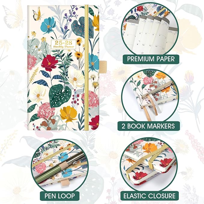 2025-2028 Monthly Pocket Planner/Calendar - Jul. 2025 - Jun. 2028 (36 Months), 3.8" x 6.4", 3 Year Monthly Planner, Back Pocket, Elastic Closure, Pen Loop, 2 Book Marks