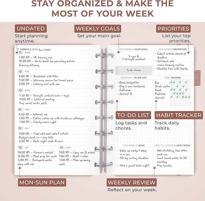 Clever Fox Disc-Bound Weekly Planner – Undated Monthly Notebook with Habit Tracker, Productivity Journal – Life, Work & Goal Organizer, 6.5 x 8.4" (Rose Gold)