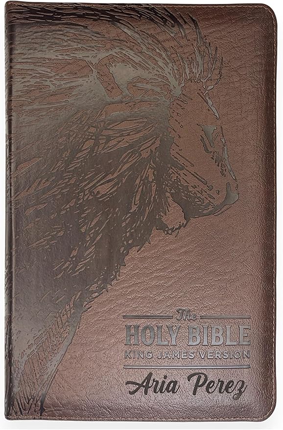 Personalized KJV Deluxe Holy Bible Walnut Brown Faux Leather Medium Print Size with Lion Head Design, Zipper and Index Tabs Custom with Name, Date or Text | Gift for Christian & Religious Celebrations