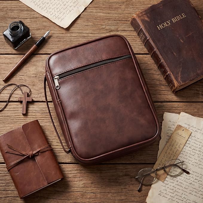 Sinload Bible Cover Kit for Men – Journaling Set with Highlighters, Pens, Tabs & Bookmark – Portable Men's Bible Leather Bag，Father Day Christian Gift for Dad(Vertical Style)