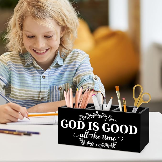 Christian Bible Verse Pen Holder, God Is Good All the Time Christian Office Pen Pencil Holder Organizer for Desk Accessories, Religious Wooden Box Desk Decor for Home Office Desk Decorations
