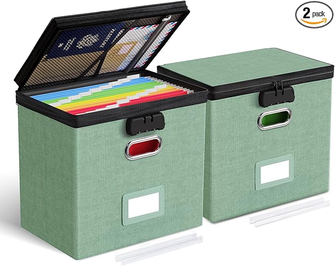 Oterri File Organizer Boxes with Lids, File Box with Mesh Pockets for Letter Size Folders, Lockable Zippers Filing Box for Home,Office, School (Green, Small-L-2 Pack Without Folders)