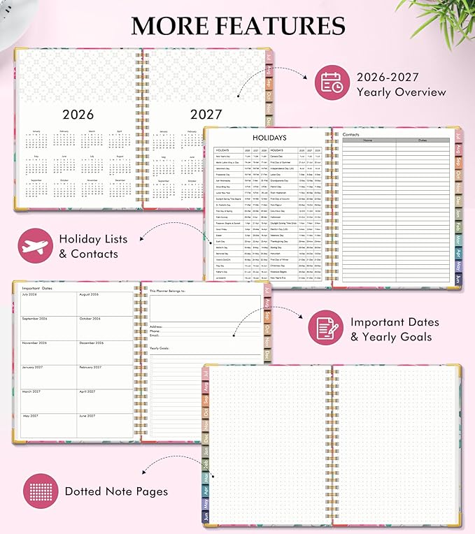 Academic Planner 2026-2027, Hardcover Leather Weekly and Monthly Calendar Planner from July 2026 - June 2027, A4 8.5" x 11" Daily Agenda with Tabs, College School Organizer for Student Teacher, Watercolor Blooms