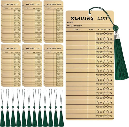 Book Lover Gifts, Vintage Bookmarks,12 PCS Reading List Bookmark with 12 PCS Green Tassels, Book Club Ideas Hosting, Library Card, Book Club Party Deacoration Favors, Book Tracker Book Marker