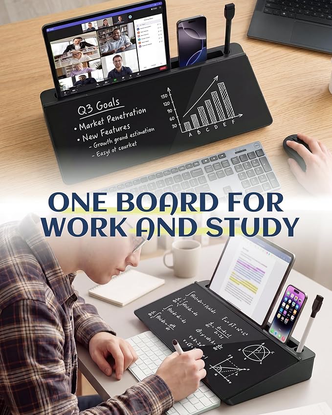 Glass Desktop Whiteboard, Dry Erase Board with Marker Holder, Computer Monitor Message Board and Desk Organizer for Home, Office and School Supplies (Black)