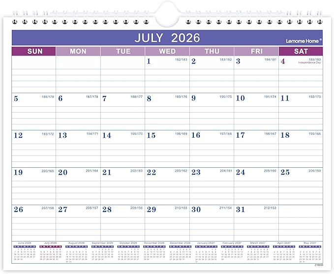 Wall Calendar 2026-2027 - Calendar 2026-2027, Jul. 2026 - Dec. 2027, 11" x 8.5", 18 Monthly Calendar 26-27, Hanging Hook + Ruled Blocks - Purple