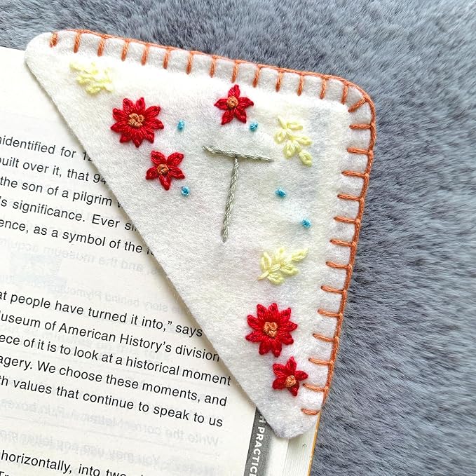 Personalized Hand Embroidered Corner Bookmark, Cute Flower Book Mark, Hand Stitch Gift for Women Book Lovers by HNQCPCVU (T, White)