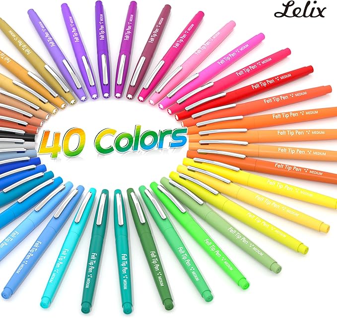 Lelix Felt Tip Pens, 40 Colored Pens with Case, Medium Point, Felt Tip Markers Pens for Journaling, Writing,Drawing, Note Taking, Planner, Perfect for Art Office and School Supplies