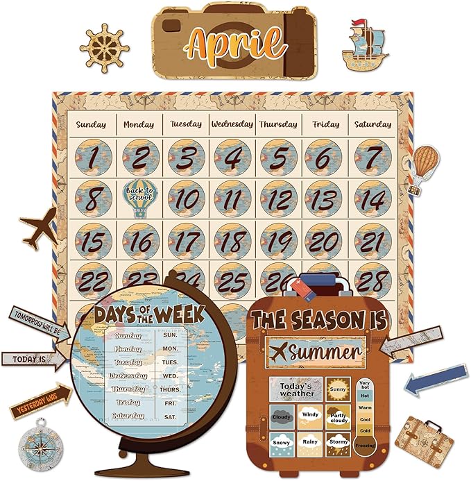 Travel the Map Calendar Bulletin Board Set for Classroom Decoration Adventure Calendar Seasons Weather Chart Explore CTP Bulletin Board Paper-Cuts for Teachers Elementary School Classroom