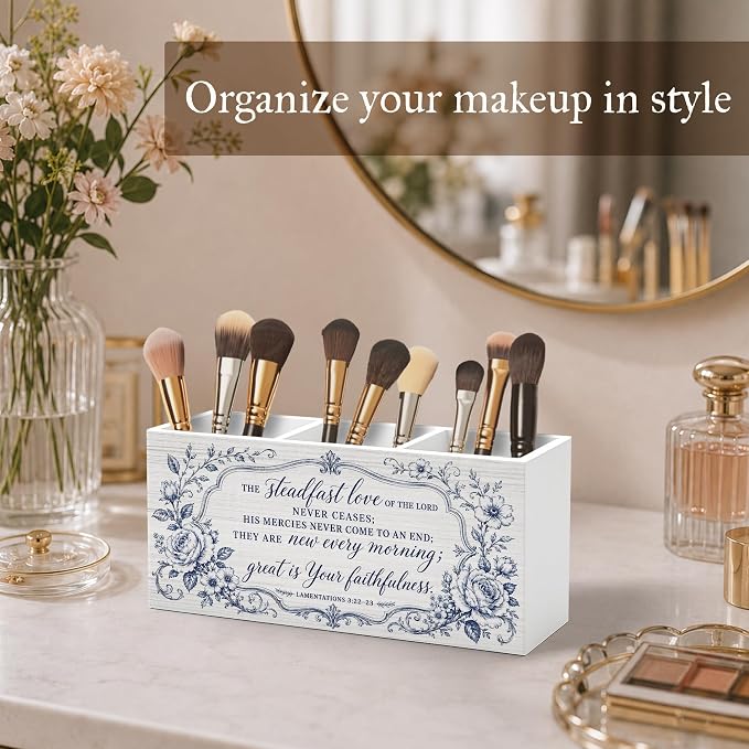 Inspirational Christian Floral Pen Pencil Holder for Desk, Christian Gifts for Women, Bible Verse Religious Wooden Pencil Holder Organizer Desk Accessories Decor for Home Office Desk