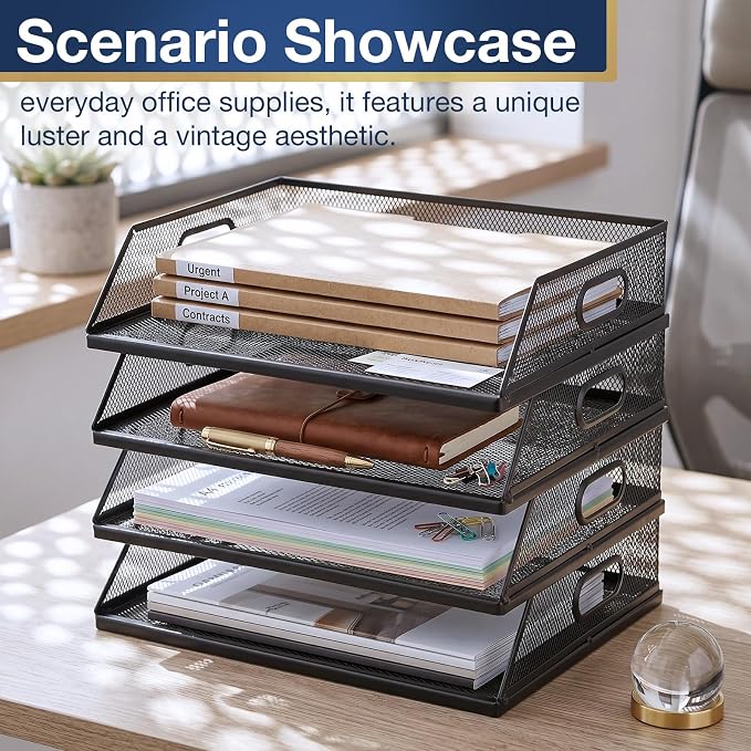 4 Pcs Paper Organizers Metal Mesh Desk Organizer Stackable Desk Tray Single Wire Mesh Organizer Front Load File Paper Holder for Desktop Office Home Classroom School