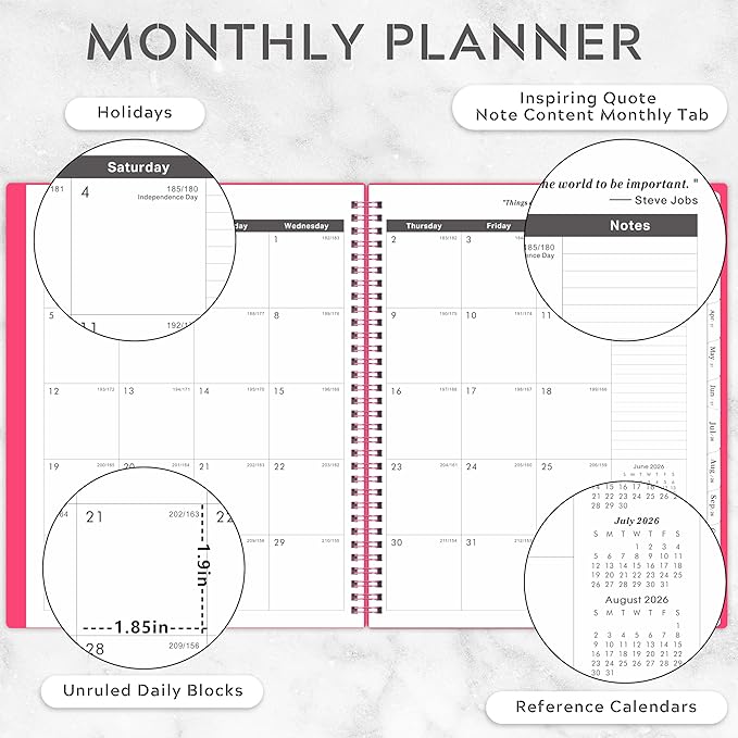 Monthly Planner 2026-2031 - 5 Year Planner/Calendar, 2026-2031 Monthly Calendar Planners Spiral Bound, Jul. 2026 - Jun. 2031, 9" x 11", Twin-Wire Binding + Tabs + Pocket - Rose Red