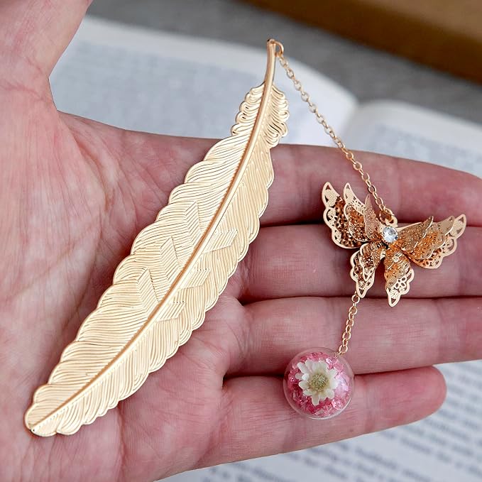 Teacher Retirement Gifts - Metal Feather Bookmark with 3D Butterfly & Real Dried Flower Pendant - Bookmark for Women & Book Lovers Under 10 Dollars - Gift Box Included