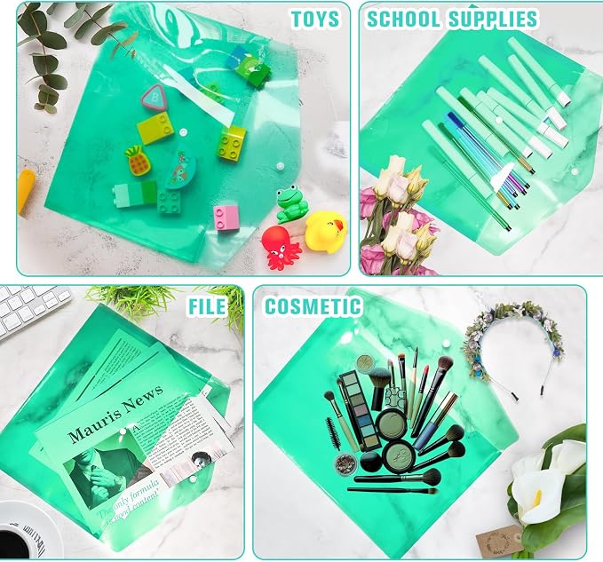 24 pcs Plastic Filing Envelopes with Snap Button Closure ，Clear Document Folders for Letter A4 Size Files ，Poly Folders，for School and Office Supplies（Green）