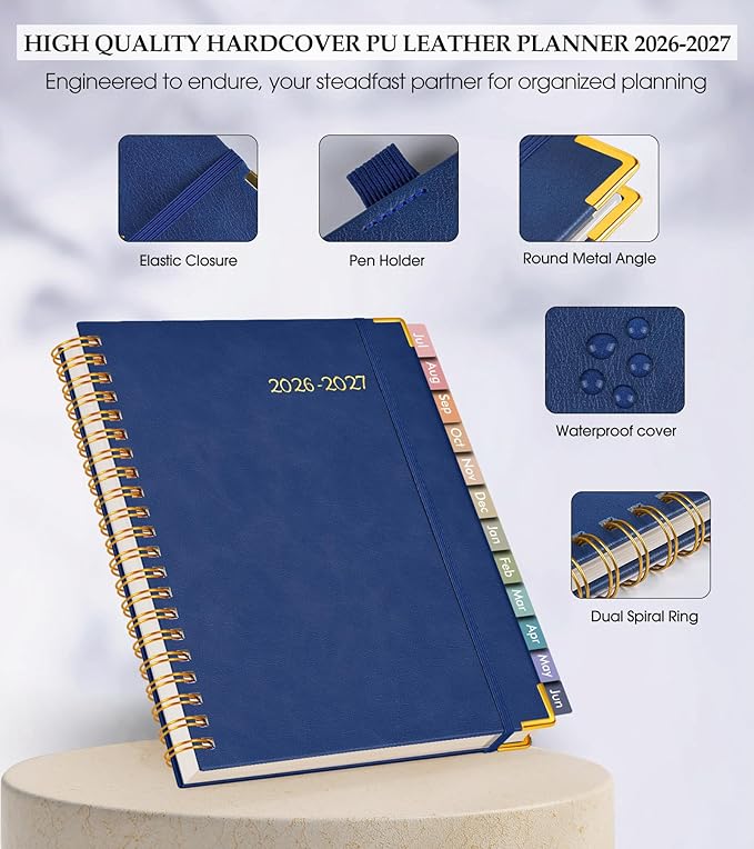 Academic Planner 2026-2027, Hardcover Leather Weekly and Monthly Calendar Planner from July 2026 - June 2027, A5 6.1" x 8.2" Daily Agenda with Tabs, College School Organizer for Student Teacher, Night Sky Blue