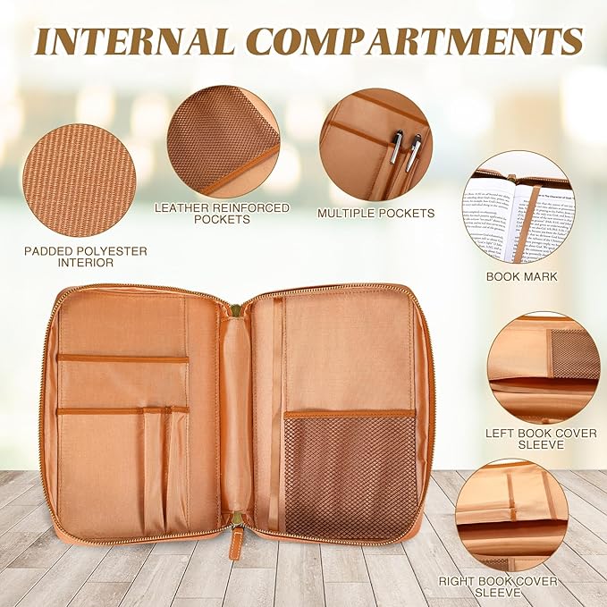 Top Grain Leather Bible Cover for Men Women Buffalo Genuine Leather Bible Case Book Holder Bag with Zipper Handle Back Pocket Bookmark Father's Day Religious Gift(Light Brown,Medium,Classic)