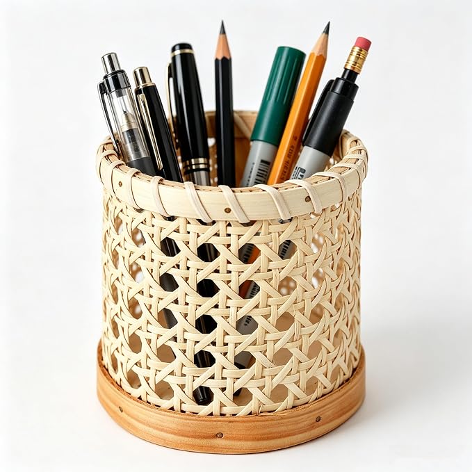 Handwoven Rattan Pen Holder, Cylindrical Desk Organizer, Natural Wicker Pencil Cup with Wooden Base for Office, Home, and Vanity - Boho Decor for Stationery, Makeup Brushes, etc.