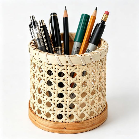 Handwoven Rattan Pen Holder, Cylindrical Desk Organizer, Natural Wicker Pencil Cup with Wooden Base for Office, Home, and Vanity - Boho Decor for Stationery, Makeup Brushes, etc.