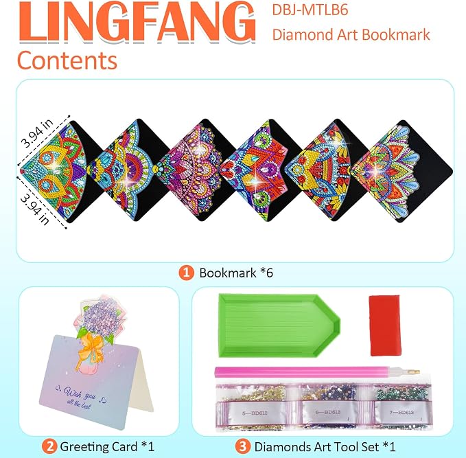 6 Pcs Diamond Painting Bookmark, DIY Corner Book Makers for Adults Book Lovers, Diamond Dot Art Beginner, Small Diamond Art Kits, Paint by Art Crafts Gift for Women Girls (Mandala 6 Black)