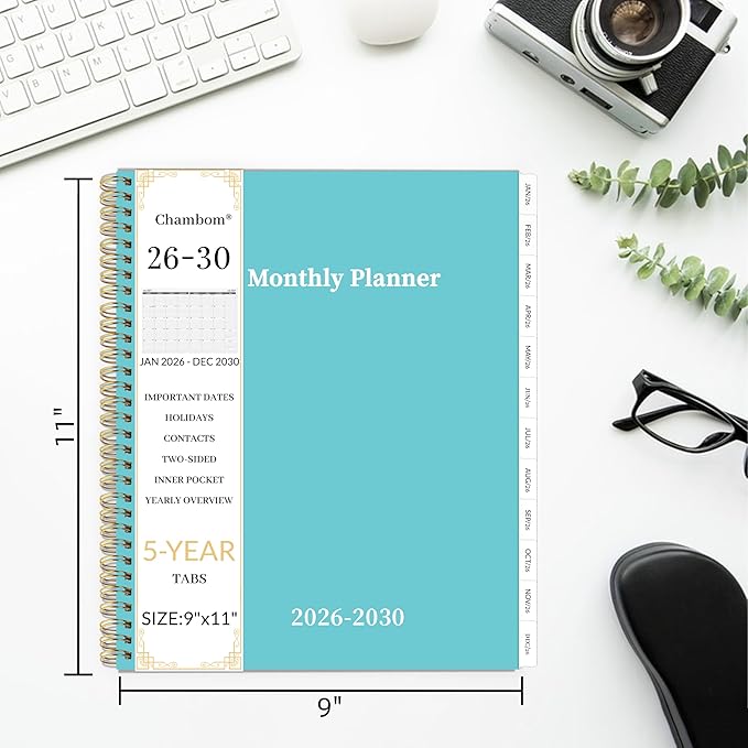 2026-2030 Monthly Planner 5 Year Monthly Planner/Calendar 2026-2030, Jan 2026 – Dec 2030, 9" x 11", Tabs, Double-Side Pocket, Holidays, Thick Paper - Blue