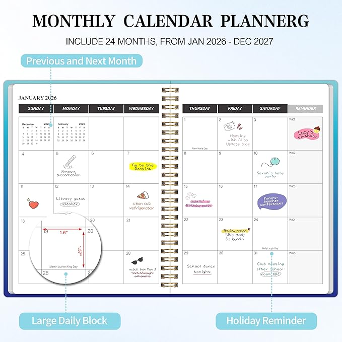 Monthly Planner 2026-2027, 2026 Calendar 24 Months Planner, 7.4"x9.4", JAN 2026 - DEC 2027, Personal Organizer with Monthly Goals, To-Do List, Habit Tracker, 24 Monthes for School Office Home Planning