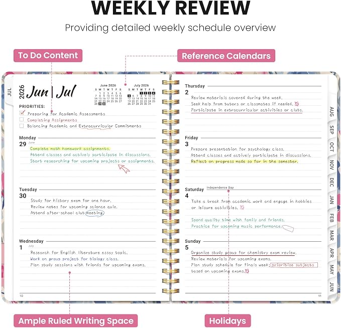Planner 2026–2027, Academic Planner Weekly and Monthly Calendar Jul 2026 – Jun 2027 Hardcover Planner with Tabs and Pocket, Spiral Bound Agenda Book for Student & Teacher, 6.3" x 8.5", Soft Blossoms