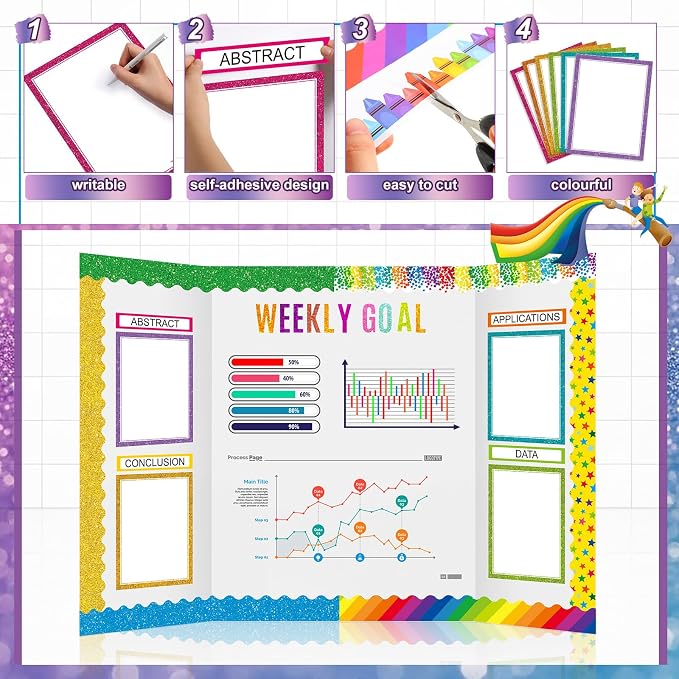 Fuyoooo 90 Pcs Science Fair Board Supplies 60 Trim Scalloped Bulletin Borders 24 Presentation Board Subtitles 6 Science Fair Titles for Classroom Display Boards(Glitter,Wave)