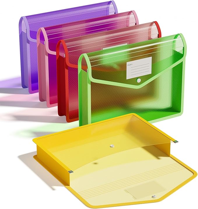 ThinkTex Plastic Expanding File Folders, Transparent Envelopes with Snap Closure, Suitable for Home, Office, School, Large Capacity, No Dividers, Dopamine 5-Color, Fits Letter/A4 Size - 5 Pack