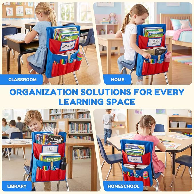 JoyCat 1 Pack Classroom Chair Pockets for School, 6 Pocket Student Storage Organizer with Name Tag Holder, Colorful Chair Bags for Classroom & Homeschool Supplies