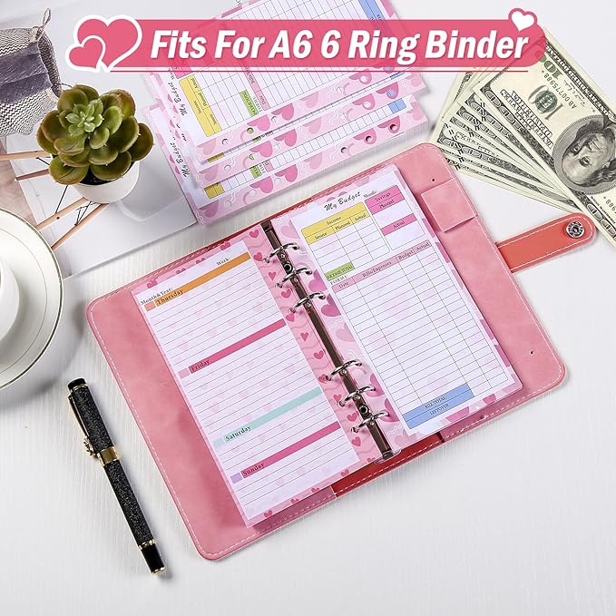 Toplive 3 Pack A6 Planner Refill Paper & Budget Sheets, Monthly Weekly Planner Losse Leaf Inserts 6 Hole Expense Tracker or A6 Planner Binder Cover Budget Bill Saving Organizer, Pink 3 Pack