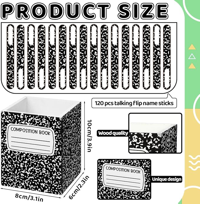 Gueevin 121 Pcs Composition Book Flip Name Sticks with Composition Book Storage Cup Classroom Talking Flip Sticks Teacher Student Management Grouping Tool for Educational Learning Classroom Supplies