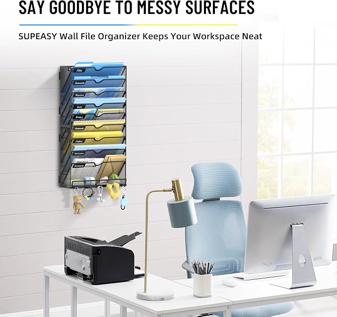 SUPEASY 10 Tier Wall File Organizer with Hooks, Large Capacity Metal Mesh Hanging File Organizer, Wall Mounted Mail & Document Organizer for Home, Classroom, Office Organization, Black