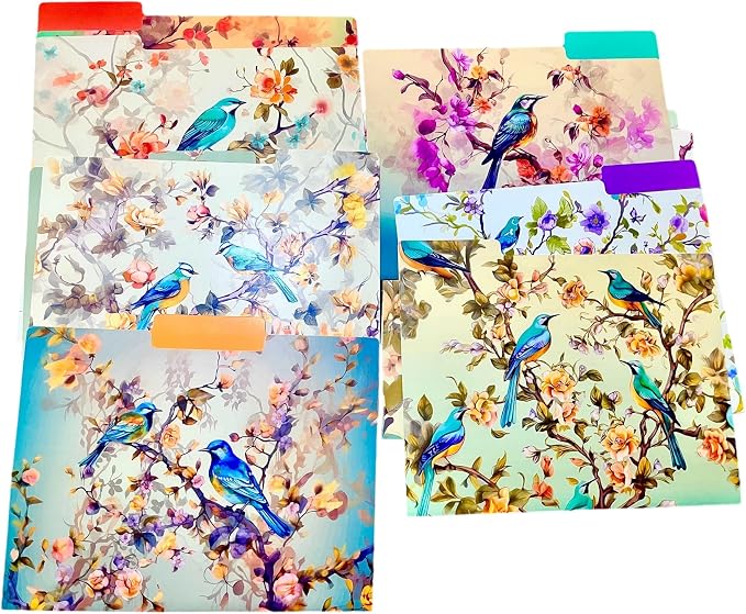 12pcs Decorative File Folders Letter Size, Bird Design Folders, Cute Office Folders with Floral Branches, 1/3 Cut Tab, Waterproof Archival File Folders Colored Decorative File folders