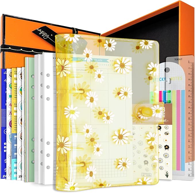 A6 A5 6-Holes Colorful PVC Cover Personal Organizer with Snap Button Closure File Folder for Loose Leaf Sheet Notebook (Yellow Daisy, A5 Gift Box)