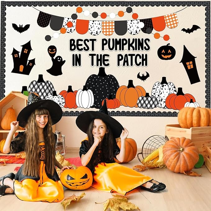 VABAMNA Halloween Fall Bulletin Board Decorations for Classroom, 95 Pcs Black Orange Autumn Pumpkin Patch Bat Paper Cutouts Borders Trim for Home School, Halloween Thanksgiving Harvest Party Supplies
